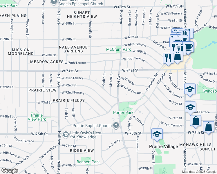 map of restaurants, bars, coffee shops, grocery stores, and more near 7229 Linden Street in Prairie Village