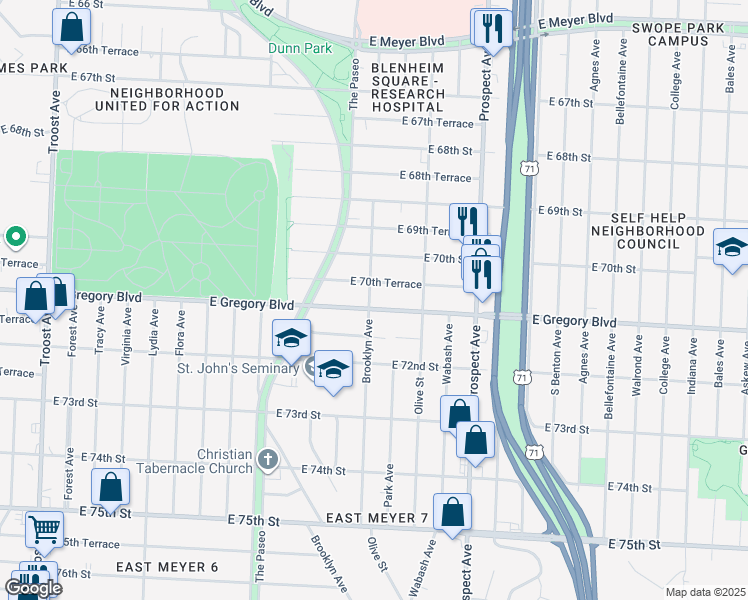map of restaurants, bars, coffee shops, grocery stores, and more near 2200 East Gregory Boulevard in Kansas City