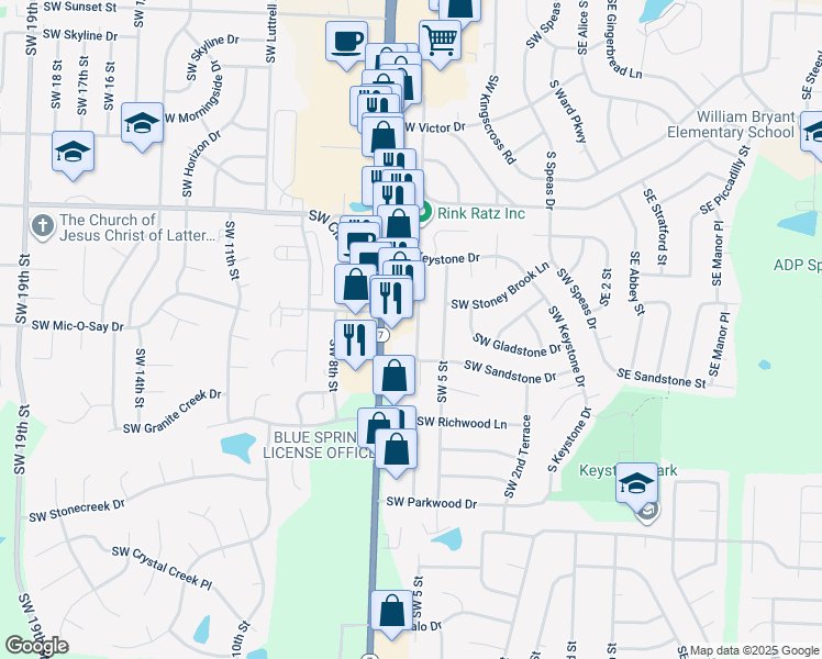 map of restaurants, bars, coffee shops, grocery stores, and more near 1805 Southwest 6 Street in Blue Springs