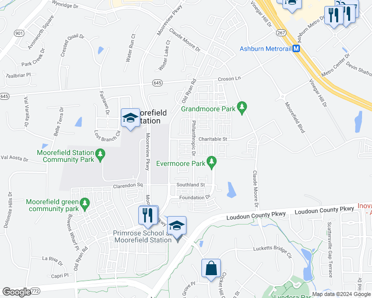 map of restaurants, bars, coffee shops, grocery stores, and more near John Michael Terrace in Ashburn