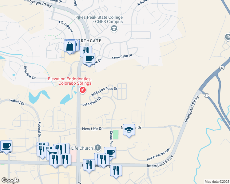 map of restaurants, bars, coffee shops, grocery stores, and more near 11549 Black Maple Lane in Colorado Springs