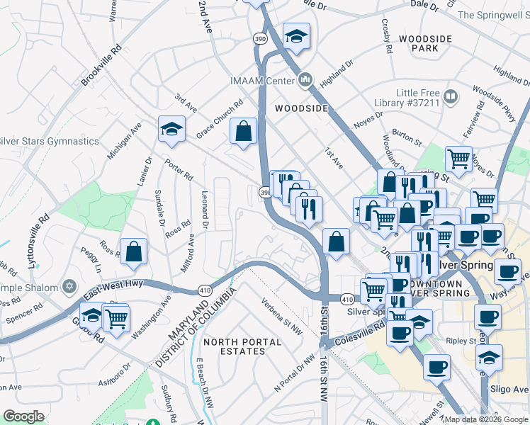 map of restaurants, bars, coffee shops, grocery stores, and more near 8518 16th Street in Silver Spring