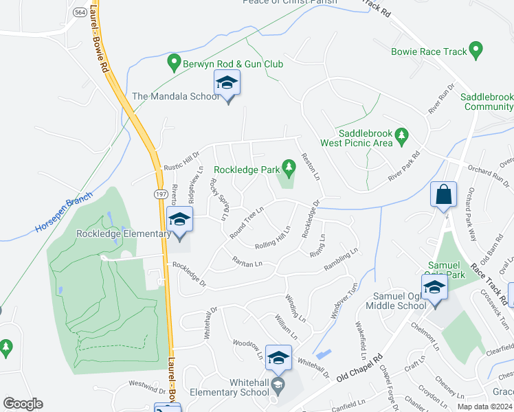 map of restaurants, bars, coffee shops, grocery stores, and more near 12302 Round Tree Lane in Bowie