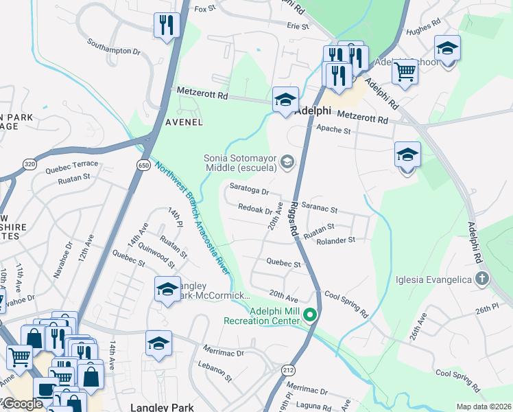 map of restaurants, bars, coffee shops, grocery stores, and more near 1922 Red Oak Drive in Hyattsville