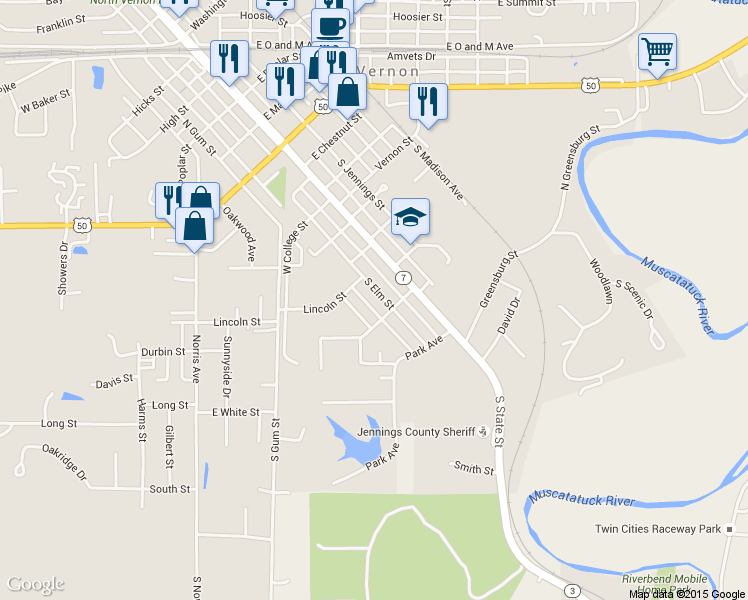 map of restaurants, bars, coffee shops, grocery stores, and more near 421 South Elm Street in North Vernon