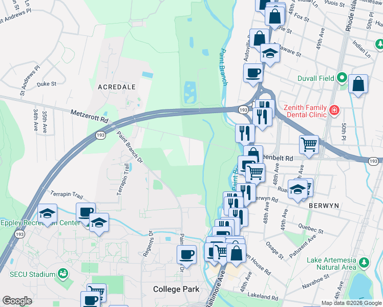 map of restaurants, bars, coffee shops, grocery stores, and more near 8811 Patricia Court in College Park