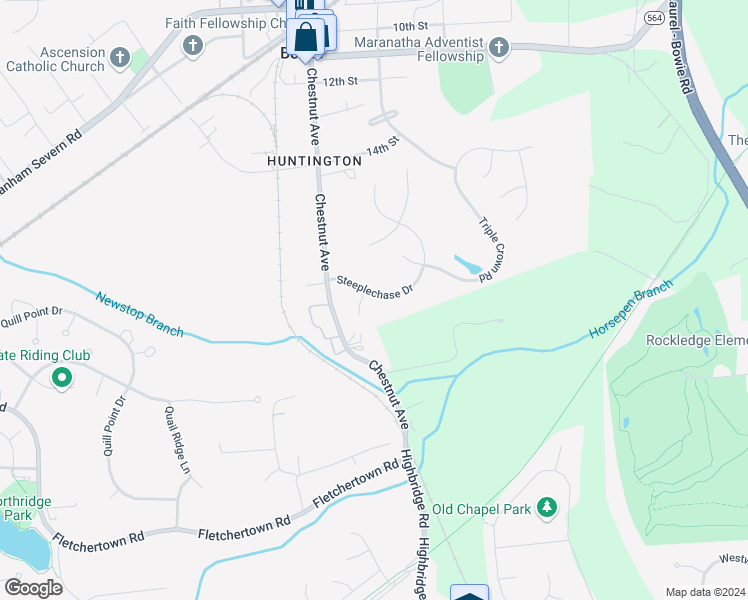 map of restaurants, bars, coffee shops, grocery stores, and more near 13203 Steeplechase Drive in Bowie