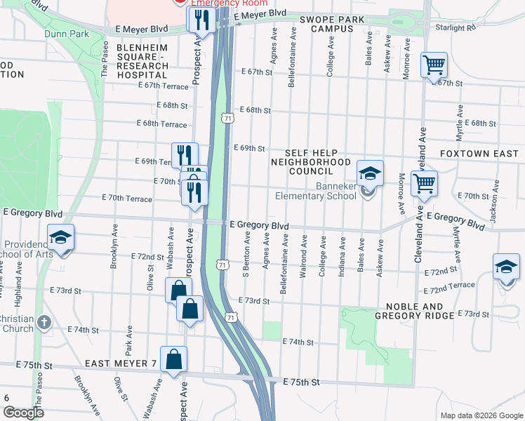 map of restaurants, bars, coffee shops, grocery stores, and more near 7030 Agnes Avenue in Kansas City