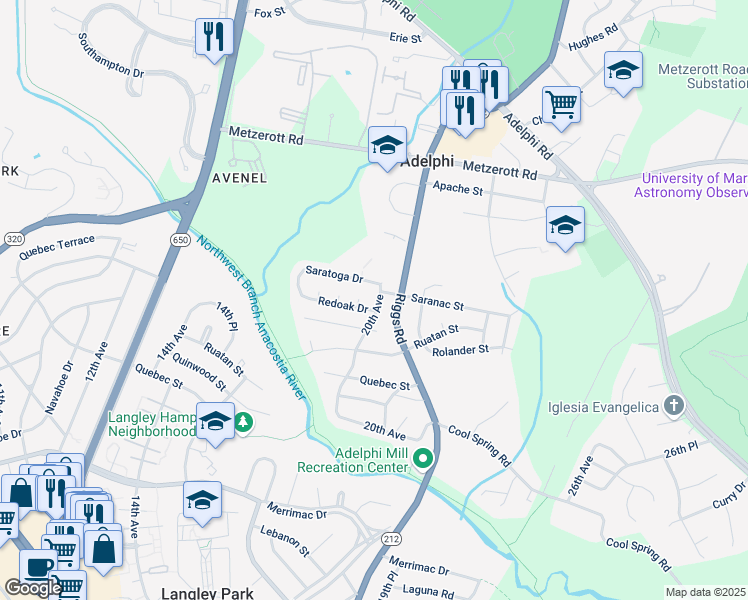 map of restaurants, bars, coffee shops, grocery stores, and more near 8614 20th Avenue in Adelphi