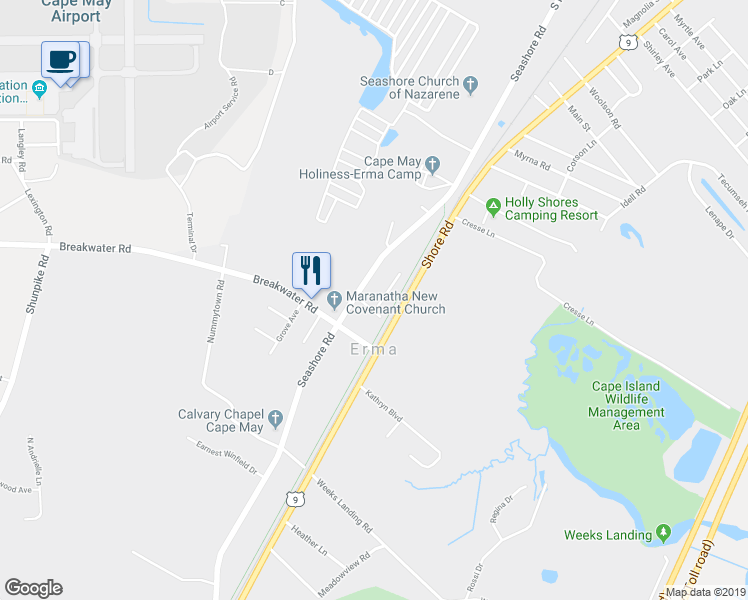 map of restaurants, bars, coffee shops, grocery stores, and more near 538 Sheridan Avenue in Cape May