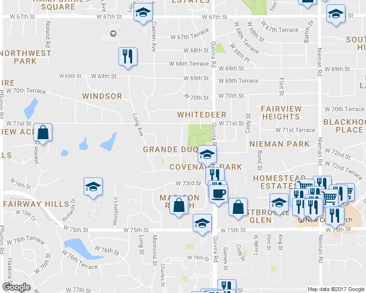 map of restaurants, bars, coffee shops, grocery stores, and more near 7127 Halsey Street in Shawnee