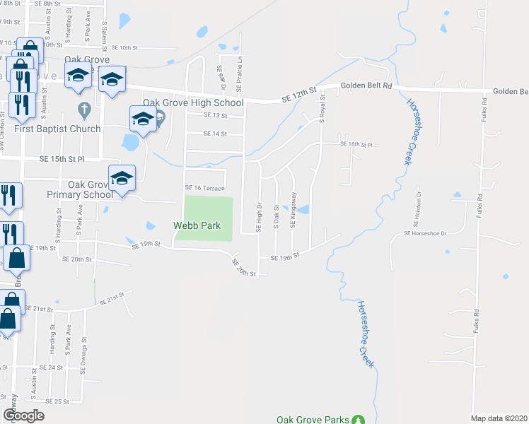 map of restaurants, bars, coffee shops, grocery stores, and more near 1615 Southeast High Drive in Oak Grove