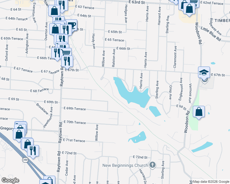 map of restaurants, bars, coffee shops, grocery stores, and more near 6829 Lakeshore Drive in Raytown