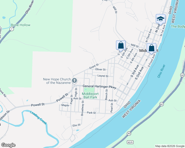 map of restaurants, bars, coffee shops, grocery stores, and more near 801 West Hysell Street in Middleport