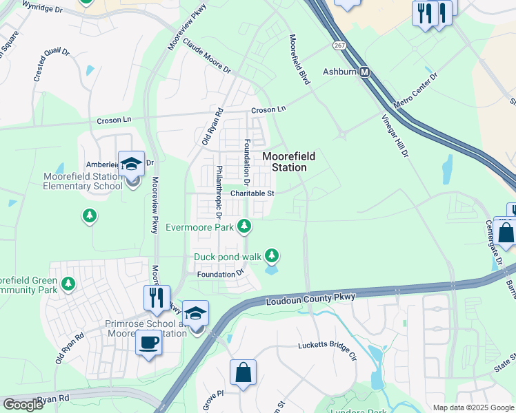 map of restaurants, bars, coffee shops, grocery stores, and more near 22355 Exe Square in Ashburn