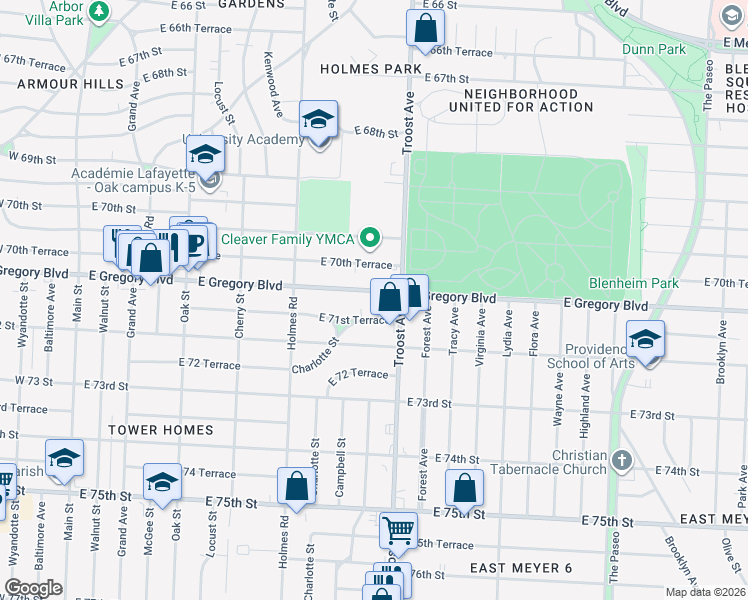 map of restaurants, bars, coffee shops, grocery stores, and more near 927 East Gregory Boulevard in Kansas City
