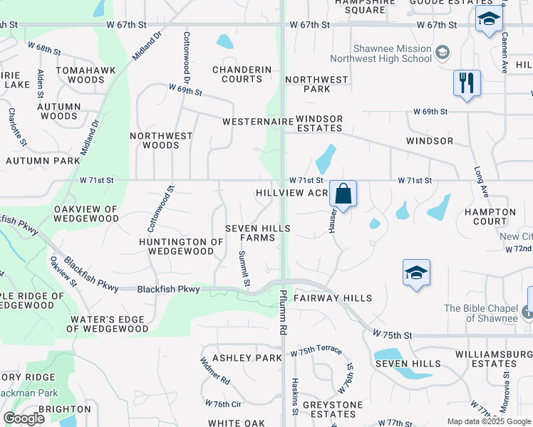 map of restaurants, bars, coffee shops, grocery stores, and more near 13502 72nd Street in Shawnee