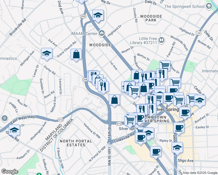 map of restaurants, bars, coffee shops, grocery stores, and more near 1606 Ballard Street in Silver Spring