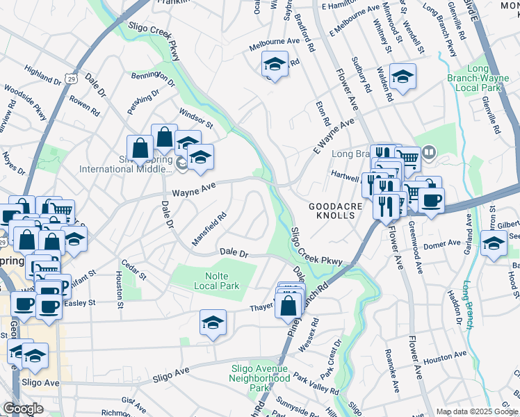 map of restaurants, bars, coffee shops, grocery stores, and more near 101 Sheffield Street in Silver Spring