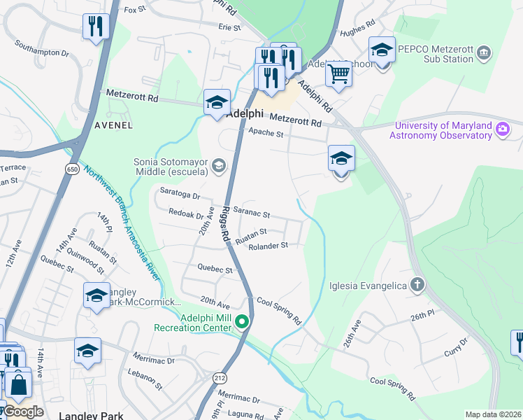 map of restaurants, bars, coffee shops, grocery stores, and more near 2116 Saranac Street in Hyattsville