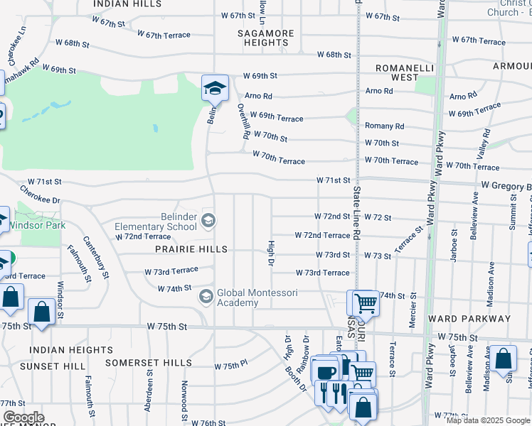 map of restaurants, bars, coffee shops, grocery stores, and more near 7201 Booth Street in Prairie Village