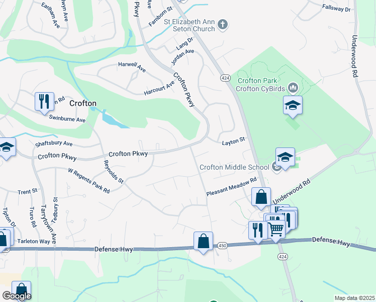 map of restaurants, bars, coffee shops, grocery stores, and more near 1745 Mayfair Place in Crofton