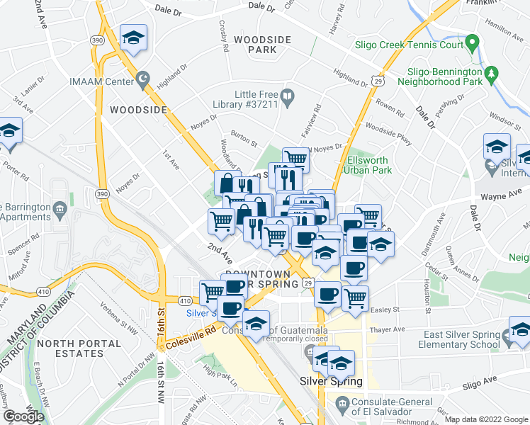 map of restaurants, bars, coffee shops, grocery stores, and more near 8757 Georgia Avenue in Silver Spring