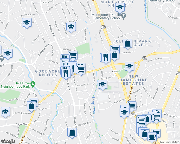 map of restaurants, bars, coffee shops, grocery stores, and more near 8619 Piney Branch Road in Silver Spring