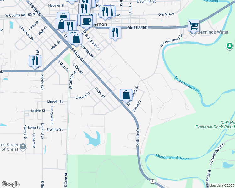 map of restaurants, bars, coffee shops, grocery stores, and more near 720 South State Street in North Vernon