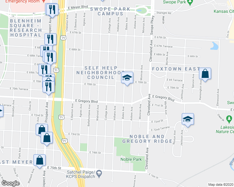map of restaurants, bars, coffee shops, grocery stores, and more near 7020 Indiana Avenue in Kansas City