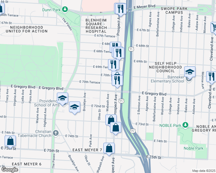 map of restaurants, bars, coffee shops, grocery stores, and more near 2411 East 70th Terrace in Kansas City