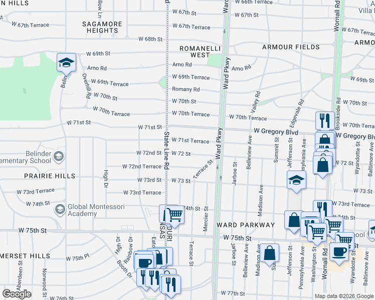 map of restaurants, bars, coffee shops, grocery stores, and more near 1268 West 72 Street in Kansas City