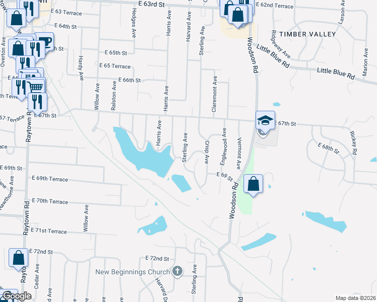 map of restaurants, bars, coffee shops, grocery stores, and more near 6741 Sterling Avenue in Raytown