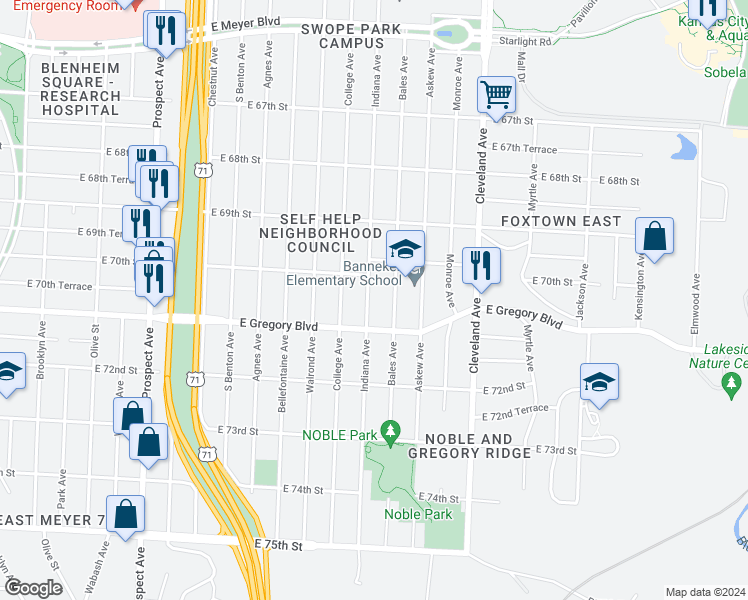map of restaurants, bars, coffee shops, grocery stores, and more near 7037 Indiana Avenue in Kansas City