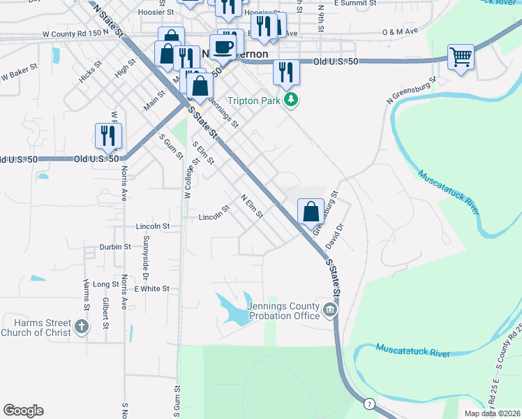 map of restaurants, bars, coffee shops, grocery stores, and more near 503 South State Street in North Vernon