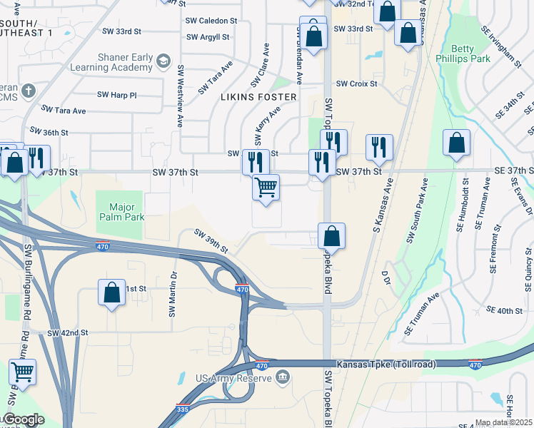 map of restaurants, bars, coffee shops, grocery stores, and more near 3733 Southwest Plaza Drive in Topeka