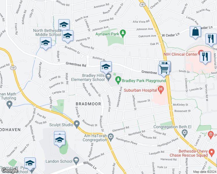 map of restaurants, bars, coffee shops, grocery stores, and more near 5901 Madison Street in Bethesda