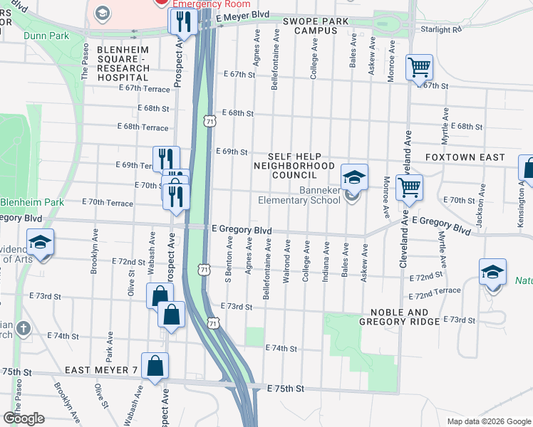 map of restaurants, bars, coffee shops, grocery stores, and more near 7031 Bellefontaine Avenue in Kansas City