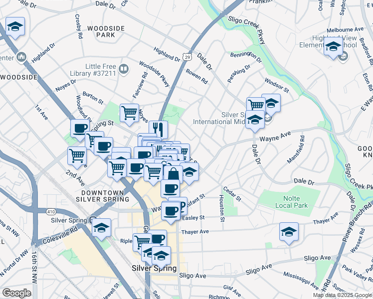 map of restaurants, bars, coffee shops, grocery stores, and more near 8605 Cedar Street in Silver Spring