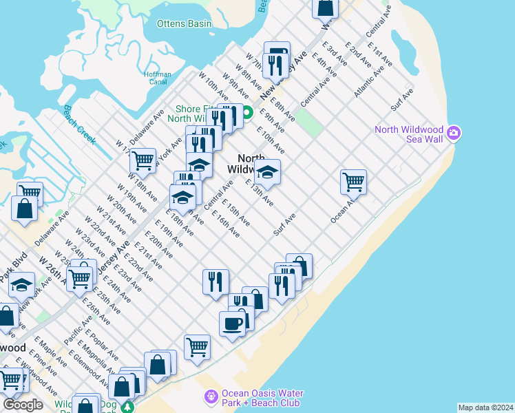 map of restaurants, bars, coffee shops, grocery stores, and more near 1309 Atlantic Avenue in North Wildwood