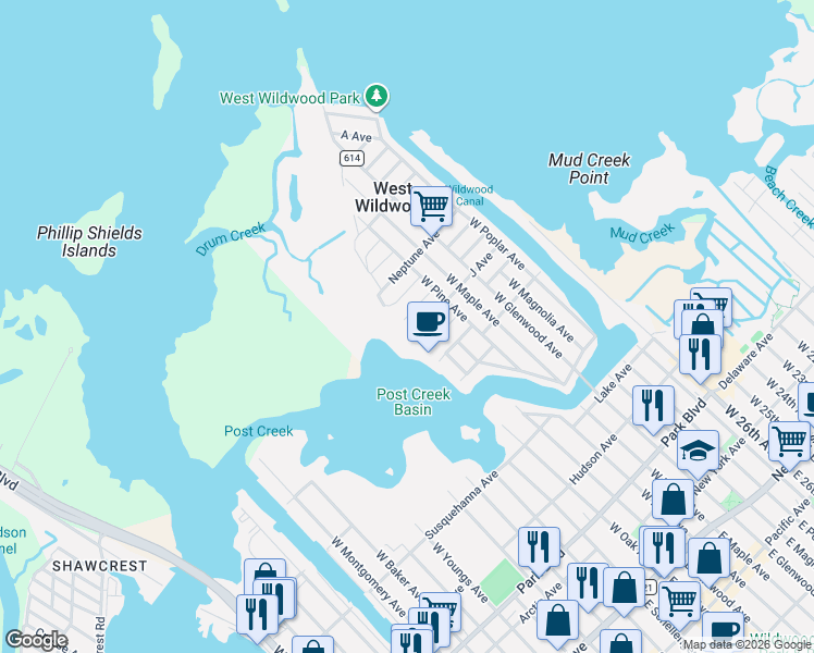 map of restaurants, bars, coffee shops, grocery stores, and more near 215A J Avenue in West Wildwood