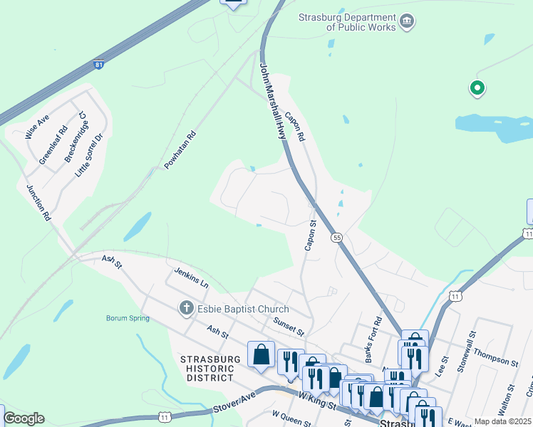map of restaurants, bars, coffee shops, grocery stores, and more near 174 Maynard Lane in Strasburg