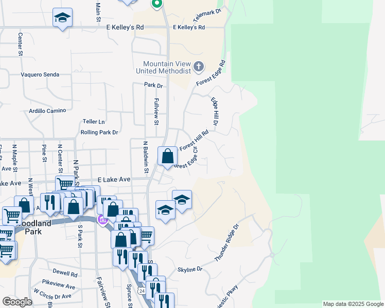 map of restaurants, bars, coffee shops, grocery stores, and more near 540 Forest Edge Circle in Woodland Park