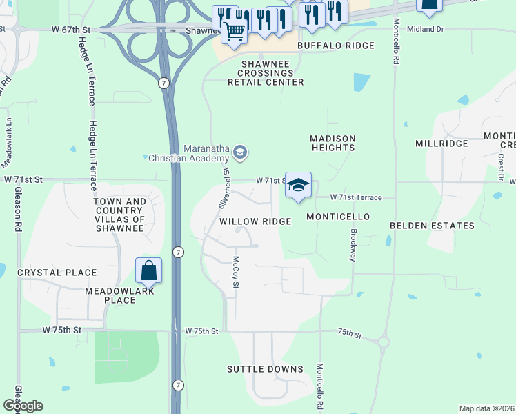 map of restaurants, bars, coffee shops, grocery stores, and more near 22513 71st Terrace in Shawnee