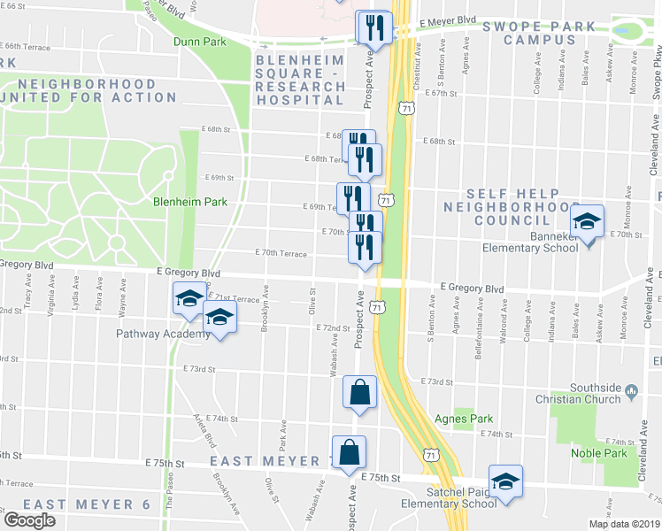 map of restaurants, bars, coffee shops, grocery stores, and more near 2411 East 70th Terrace in Kansas City