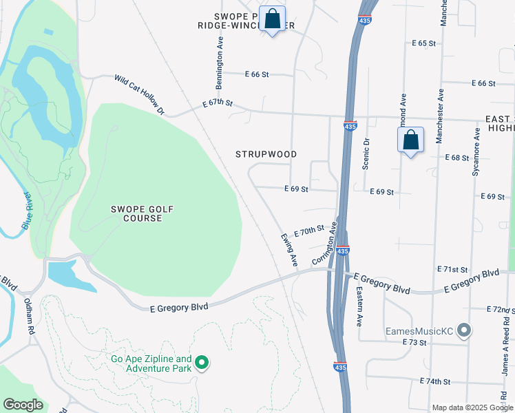 map of restaurants, bars, coffee shops, grocery stores, and more near 6916 Ewing Avenue in Kansas City
