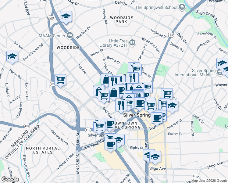 map of restaurants, bars, coffee shops, grocery stores, and more near 8750 Georgia Avenue in Silver Spring
