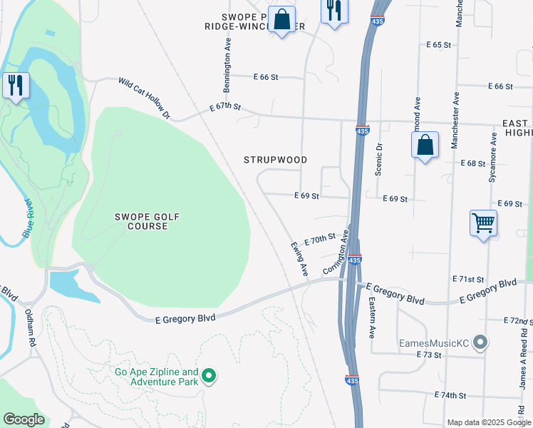 map of restaurants, bars, coffee shops, grocery stores, and more near 6916 Ewing Avenue in Kansas City
