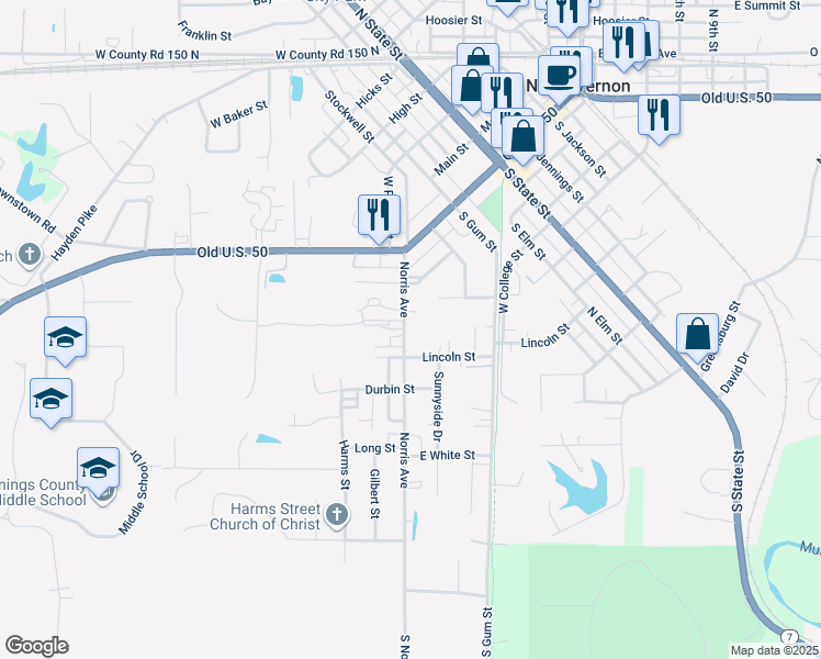 map of restaurants, bars, coffee shops, grocery stores, and more near 70 Norris Avenue in North Vernon