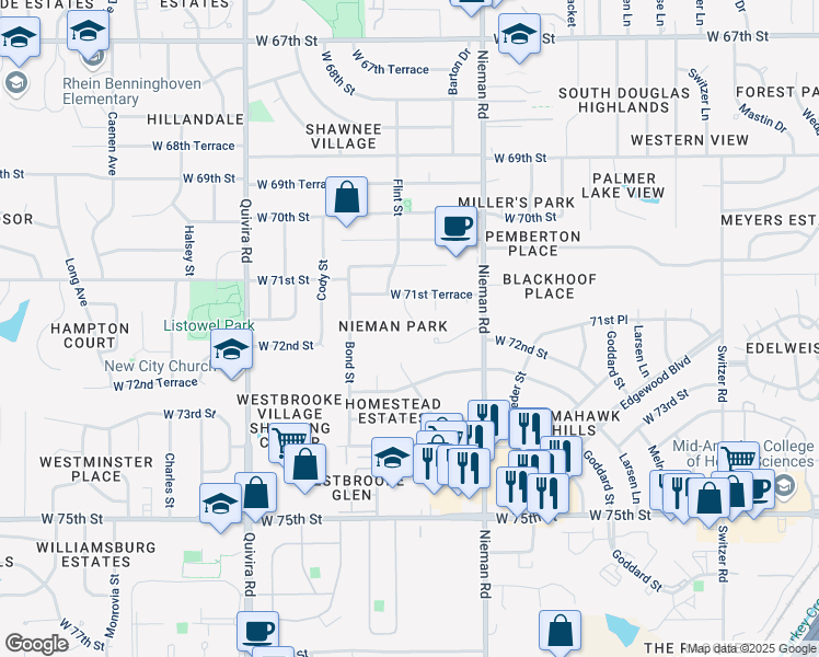 map of restaurants, bars, coffee shops, grocery stores, and more near 7140 Flint Drive in Shawnee